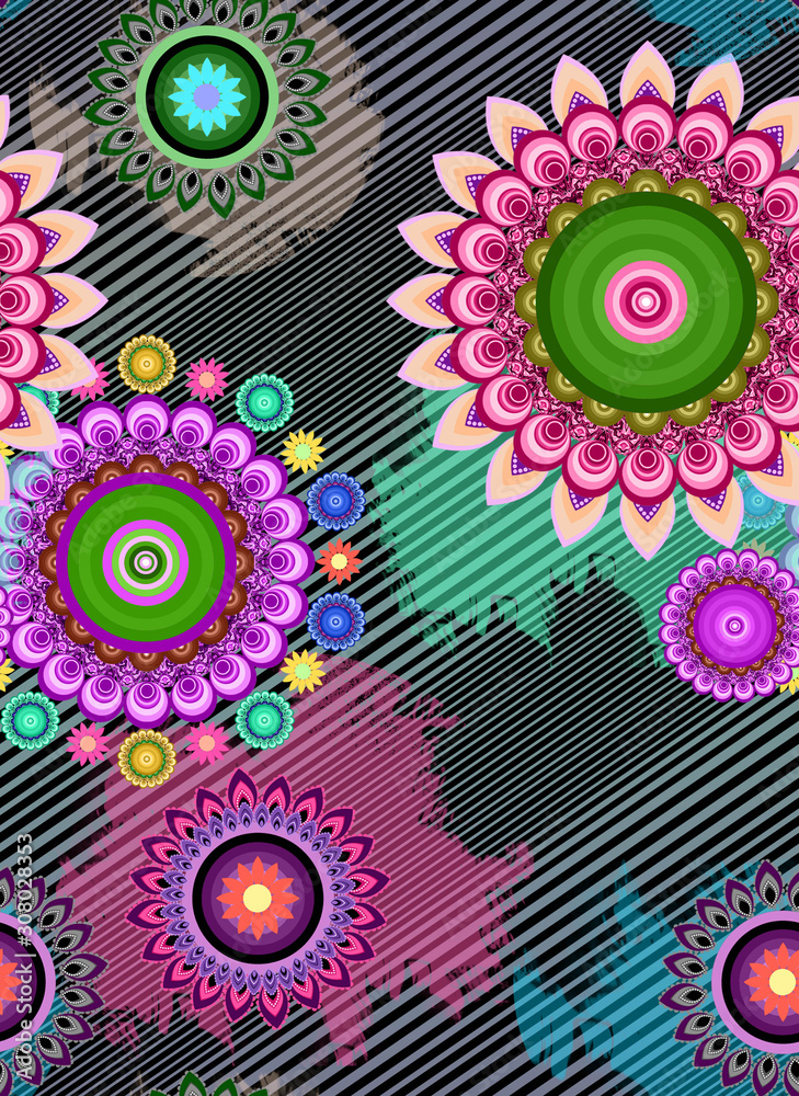 Traditional, ethnic colorful shapes on diagonal lines background. Ornamental fashion print for fabric. - illustration Traditional, ethnic colorful shapes on diagonal lines background. Ornamental fashion print for fabric. - illustration