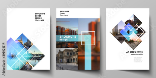 The vector layout of A4 format modern cover mockups design templates for brochure, magazine, flyer, booklet, annual report. Creative trendy style mockups, blue color trendy design backgrounds.