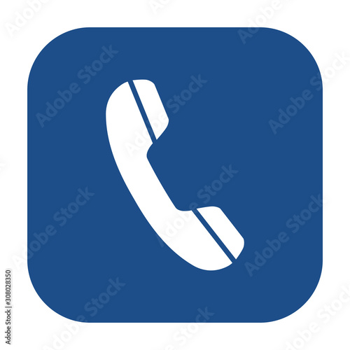 Blue rounded square telephone receiver icon, button on a white background