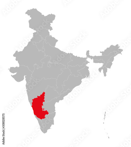 Karnataka highlighted red color on india map vector illustration. Light gray background.