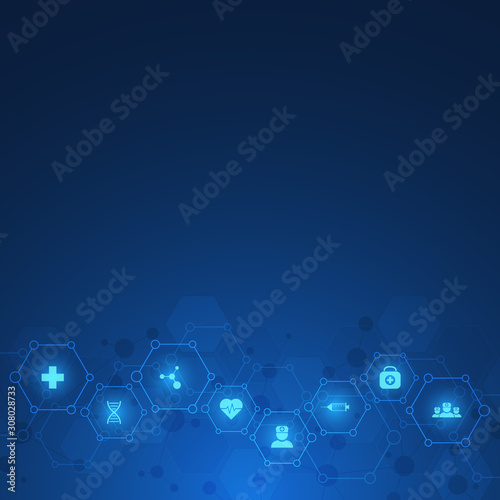 Healthcare and technology concept with flat icons and symbols. Template design for health care business, innovation medicine, science background, medical research. Vector illustration.