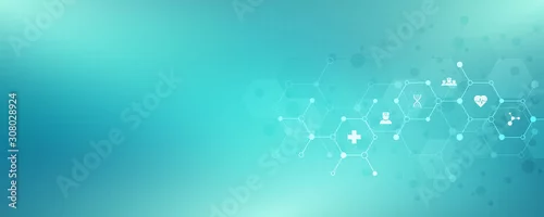 Obraz Abstrakcjonistyczny medyczny tło z płaskimi ikonami i symbolami. Projekt szablonu z koncepcją i pomysłem na technologię opieki zdrowotnej, innowacyjną medycynę, zdrowie, naukę i badania.