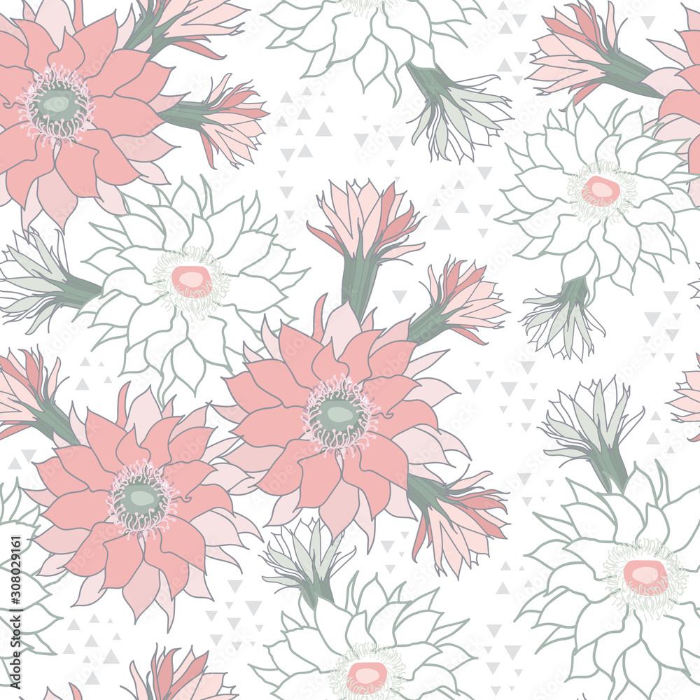 Vector white pink cactus flower seamless pattern print background. Vector white pink cactus flower seamless pattern print background.