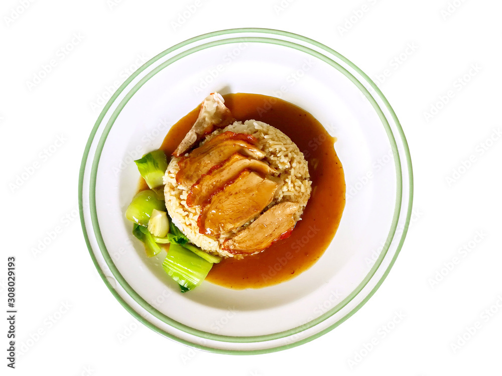 Top view roasted duck on steamed rice with Chinese sauce and boiled vegetables on white ceramic plate isolate on white background and make with paths. Top view roasted duck on steamed rice with Chinese sauce and boiled vegetables on white ceramic plate isolate on white background and make with paths.