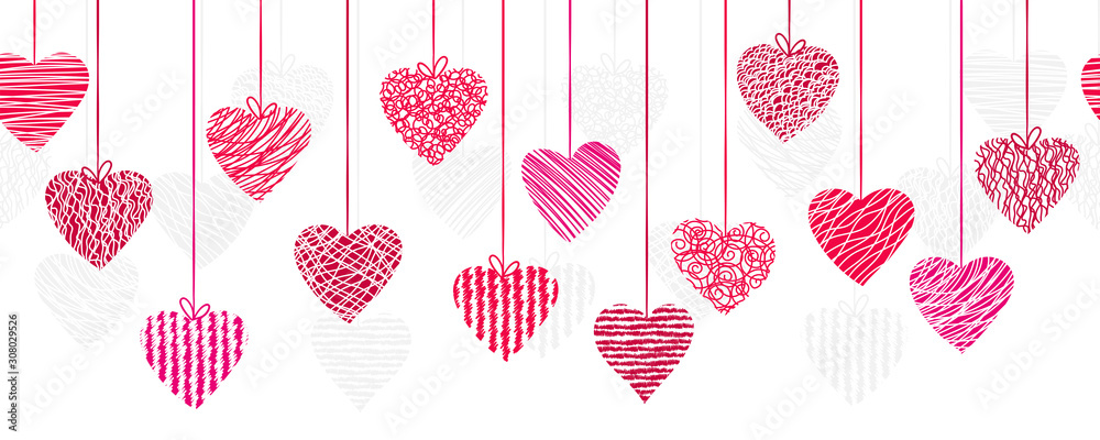 Cute hand drawn doodle hearts horizontal seamless pattern, romantic  background, great for textiles, valentines day wrapping, banner, wallpaper  - vector design Stock Vector | Adobe Stock