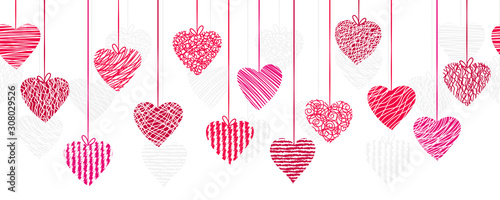 Cute hand drawn doodle hearts horizontal seamless pattern, romantic background, great for textiles, valentines day wrapping, banner, wallpaper - vector design
