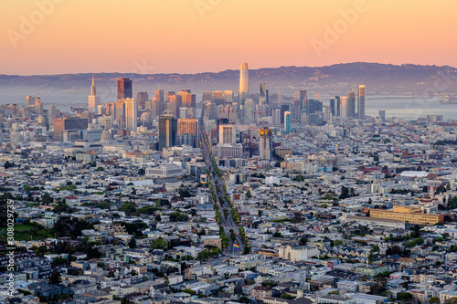 Skyline of San Francscio View from Twin Peaks at sunset photo