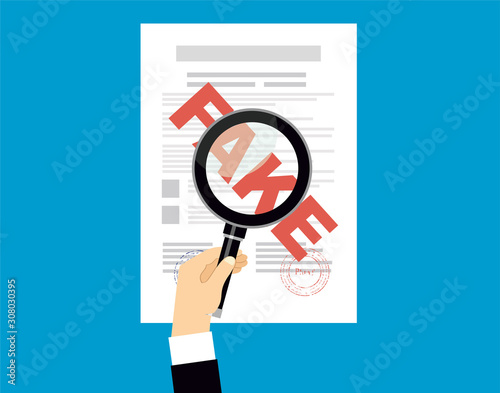 Fake contract with magnifying glass vector illustration