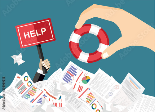 Helping Business to survive. Drowning businessman getting lifebuoy from another businessman. Business help, support, survival, investment concept. Vector colorful illustration in flat style