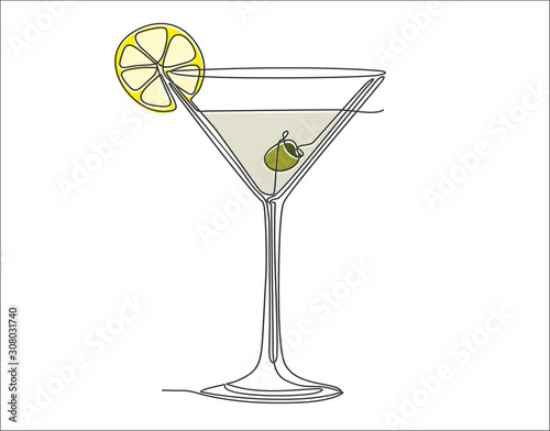 Martini glass with olive continuous one line drawing minimalism design isolated on white background
