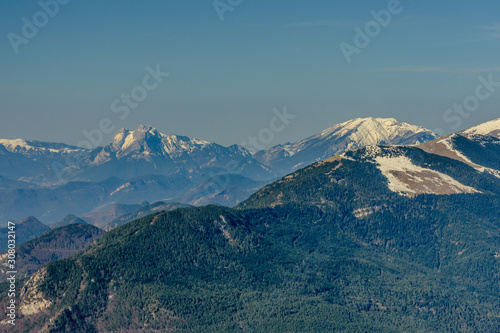 Pedraforca Mountain (2506m) in the far distance, in the Catalan Pyrenees (covered with snow)