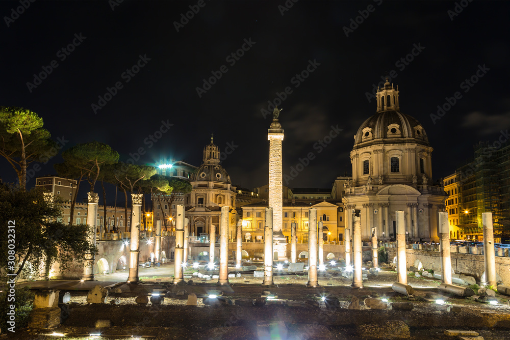 View of the Trajan forum with the Church of Santa Maria di Loreto and column Trajan at night, Rome, Italy