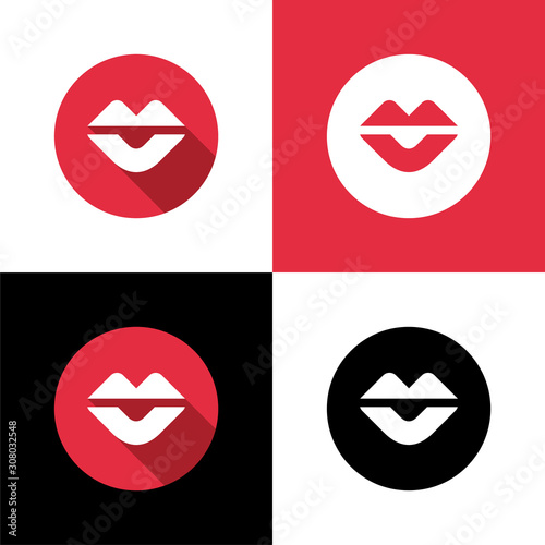 Red female lips logo icon, flat design style, circle shape symbol - Vector