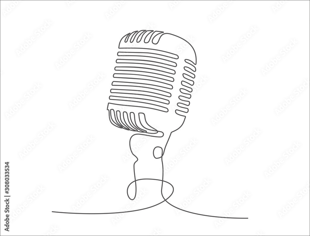 Continuous one single line drawing Retro microphone logo icon vector illustration concept