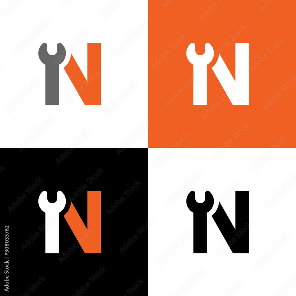 Initial N letter with wrench tool, repair and maintenance service logo design - Vector Initial N letter with wrench tool, repair and maintenance service logo design - Vector