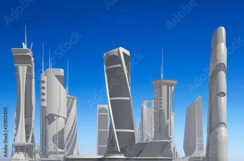 Futuristic City against the blue sky 3D illustration