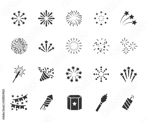 Vector set of firework flat icons. Contains icons of firecracker, sparkler, salute, petard, firework box and more. Pixel perfect, scalable 24, 48, 96 pixels. photo