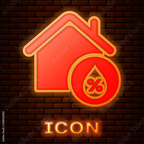 Glowing neon House humidity icon isolated on brick wall background. Weather and meteorology, thermometer symbol.  Vector Illustration