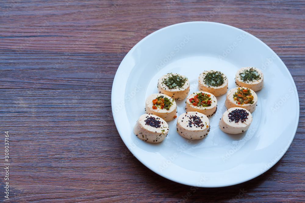Fresh cheese with salmon, vegetable and herb Fresh cheese with salmon, vegetable and herb