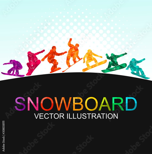 Snowboard, snowboarders, snowboarding extreme winter sport people silhouettes vector illustration, riding a board, tricks	