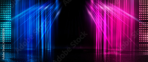 Empty background scene. Dark street reflection on wet asphalt. Rays of neon light in the dark, neon figures, smoke. Background of empty stage show. Abstract dark background. © MiaStendal