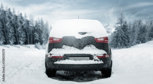 Black car of snow with free space for your decoration. 