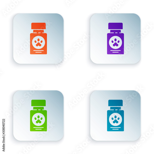 Color Dog medicine bottle and pills icon isolated on white background. Container with pills. Prescription medicine for animal. Set icons in square buttons. Vector Illustration