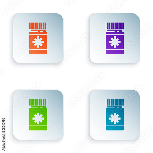 Color Dog medicine bottle and pills icon isolated on white background. Container with pills. Prescription medicine for animal. Set icons in square buttons. Vector Illustration