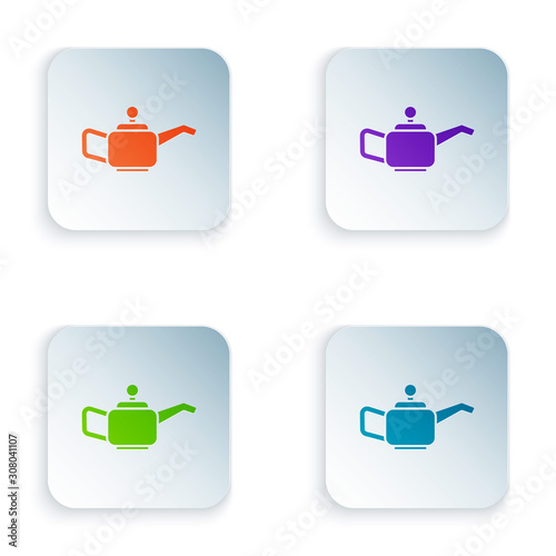 Color Canister for motor machine oil icon isolated on white background. Oil gallon. Oil change service and repair. Set icons in square buttons. Vector Illustration