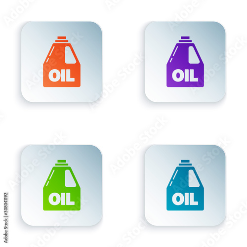 Color Plastic canister for motor machine oil icon isolated on white background. Oil gallon. Oil change service and repair. Set icons in square buttons. Vector Illustration