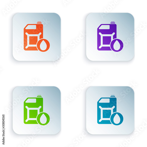 Color Plastic canister for motor machine oil icon isolated on white background. Oil gallon. Oil change service and repair. Set icons in square buttons. Vector Illustration