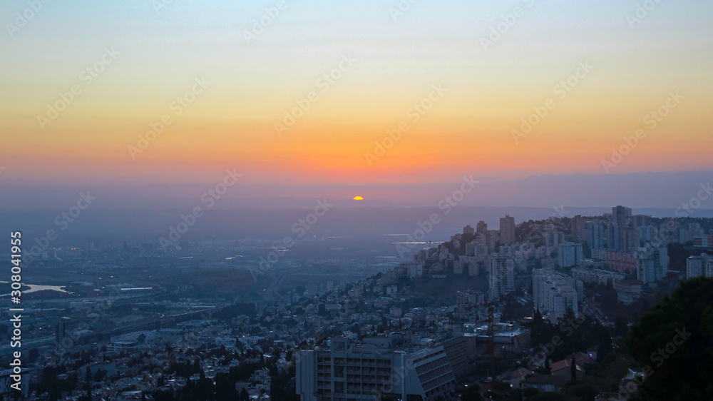 View from the Mount Carmel to City of Haifa, Harbour and Industrial Zone. Early Morning Landscape.