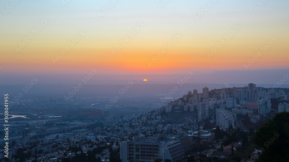 Fototapeta premium View from the Mount Carmel to City of Haifa, Harbour and Industrial Zone. Early Morning Landscape.