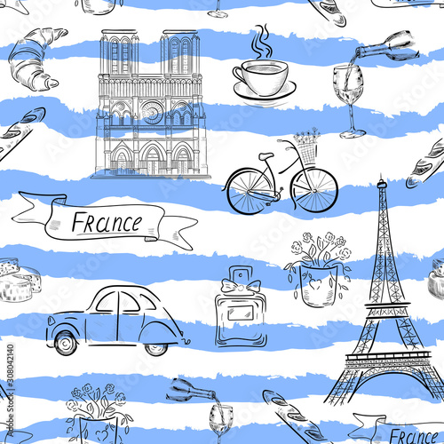 France , eiffel tower travel vector seamless pattern on white  background. Concept for print, cards, wallpapers, textile