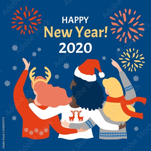 multinational celebration of the new year on classic blue background . three happy girls celebrate new year. Trust friends. Partner symbol. multinational friendship