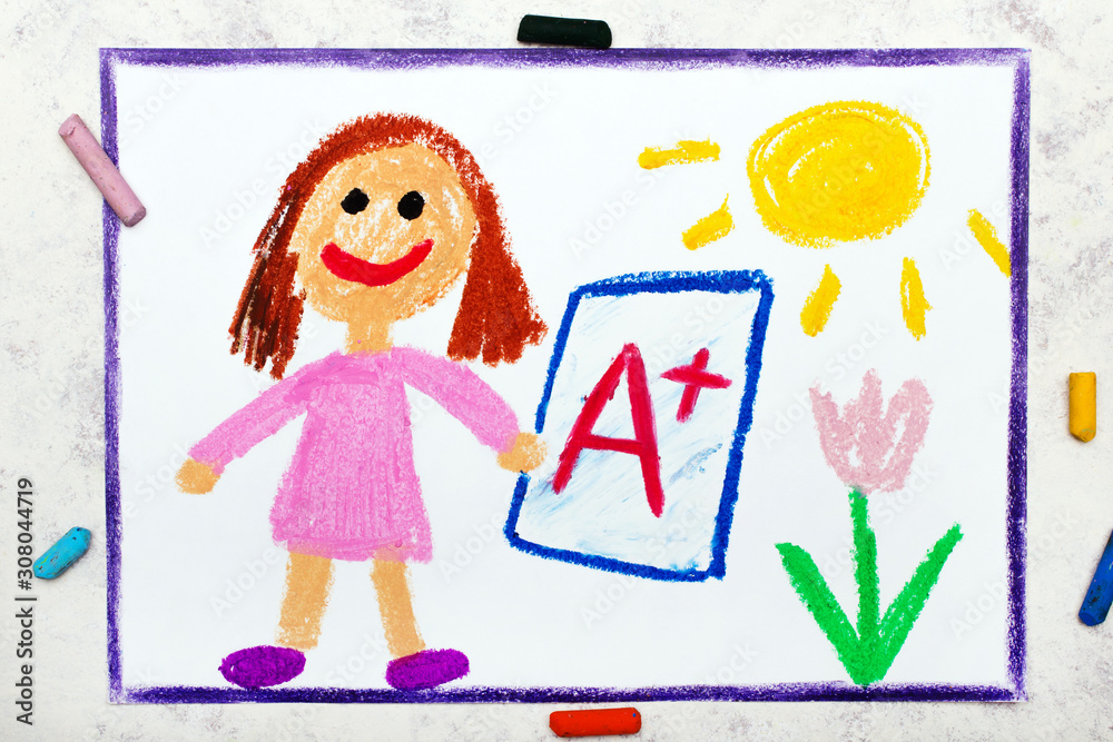 School grades. Happy student with exam or test result.Girl holding