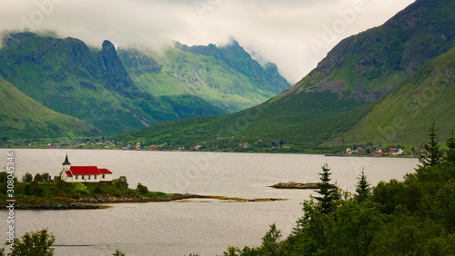 Fjord landscape with church. Lofoten Norway