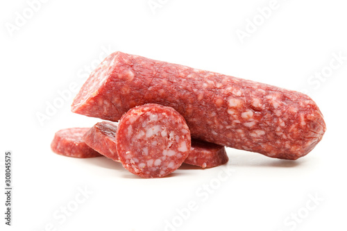 smoked salami sausage on a white background