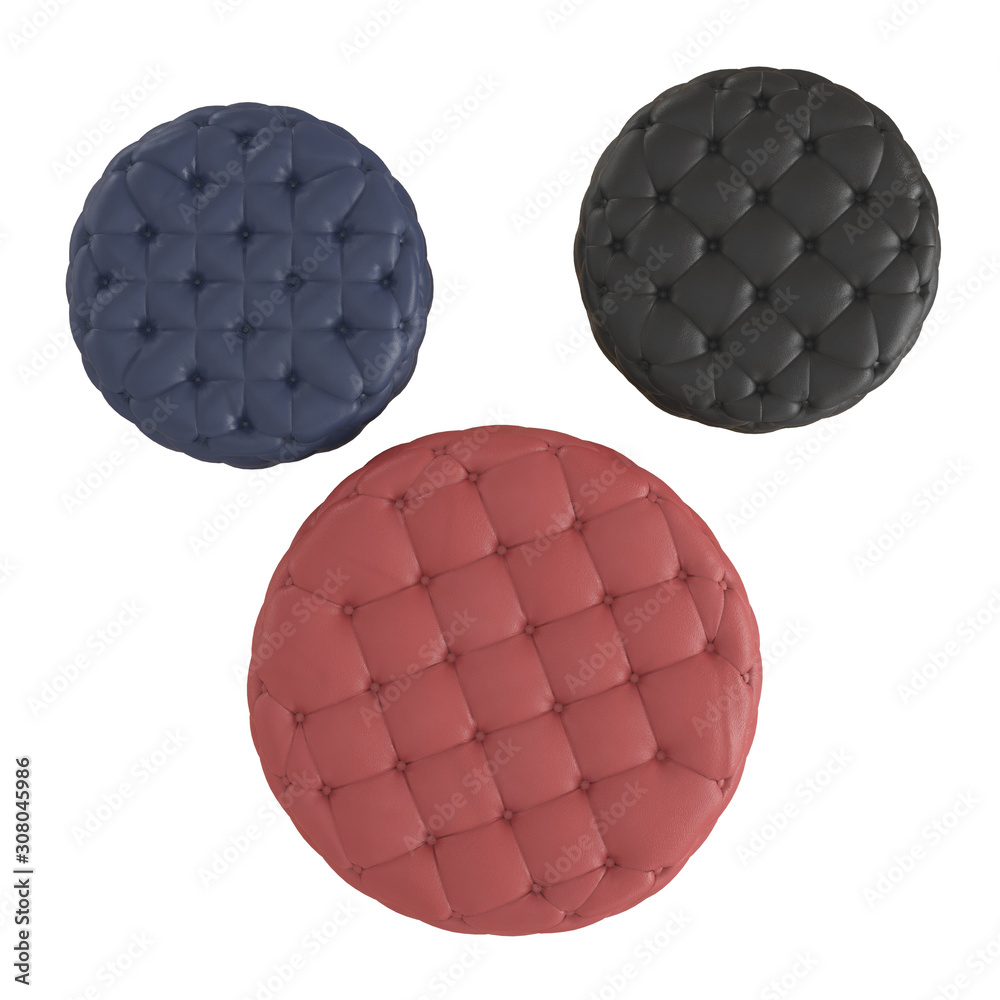 Three colored leather quilted poufs on an isolated background. 3d rendering Three colored leather quilted poufs on an isolated background. 3d rendering