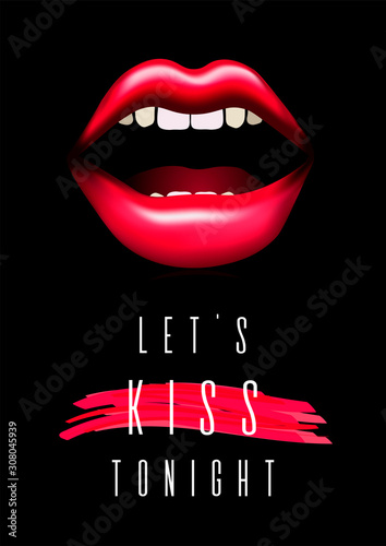 Fashion "let's kiss tonight" card for Happy Valentine's Day. Sensual woman's lips and red brush strokes on the black background. Vector illustration perfect for postcard, card, flyer, cover, t-shirt.