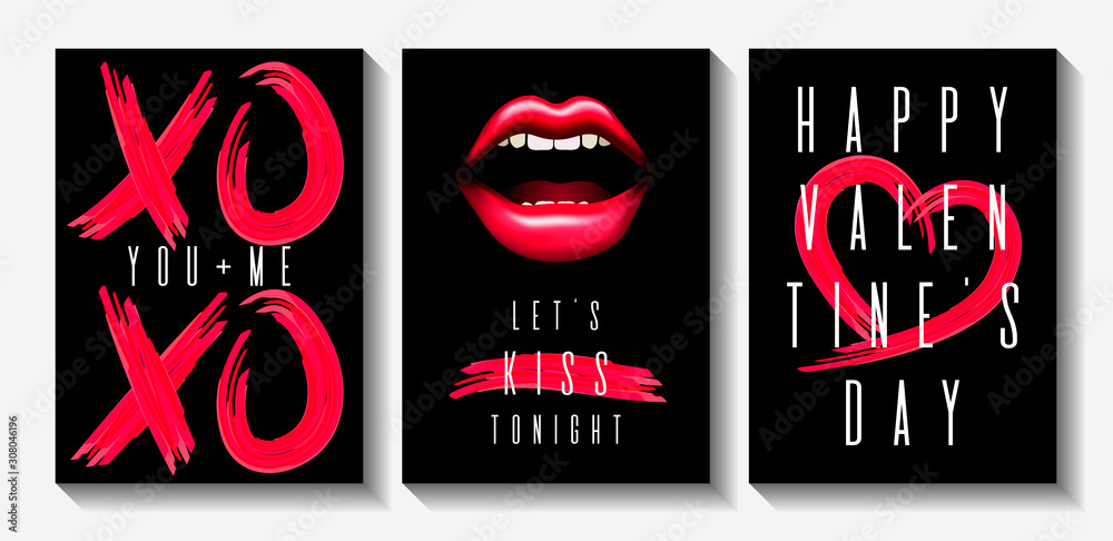Set of fashion cards for Happy Valentine's Day. Sensual woman's lips and red brush strokes on the black background. Vector illustration perfect for postcard, card, flyer, cover, t-shirt.