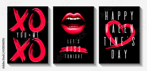 Set of fashion cards for Happy Valentine's Day. Sensual woman's lips and red brush strokes on the black background. Vector illustration perfect for postcard, card, flyer, cover, t-shirt.