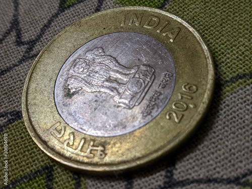 closeup of indian ten rupee coin 