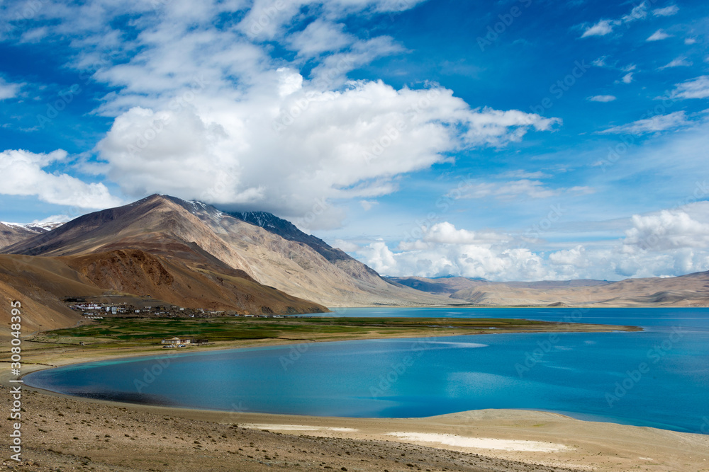 Ladakh, India - Jul 13 2019 - Tso Moriri Lake in Changthang Plateau, Ladakh, Jammu and Kashmir, India. It is part of Ramsar Convention - Tsomoriri.