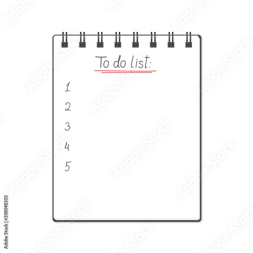 Vector illustration of block note with 'To do list' text sign. Realistic block note with to do list and numbering. Notepaper can be used as a mock up, background or template for your projects. Eps 10.