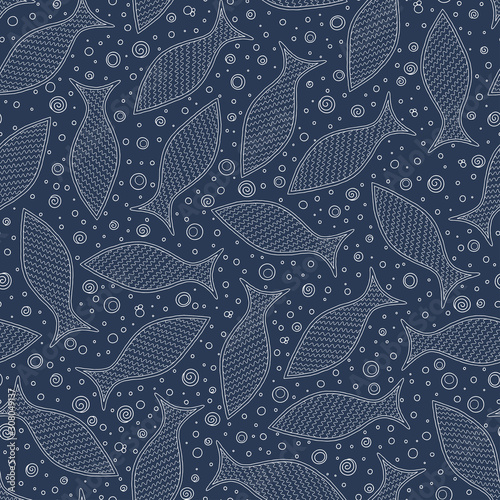 Vector seamless pattern with hand drawn geometric fishes.