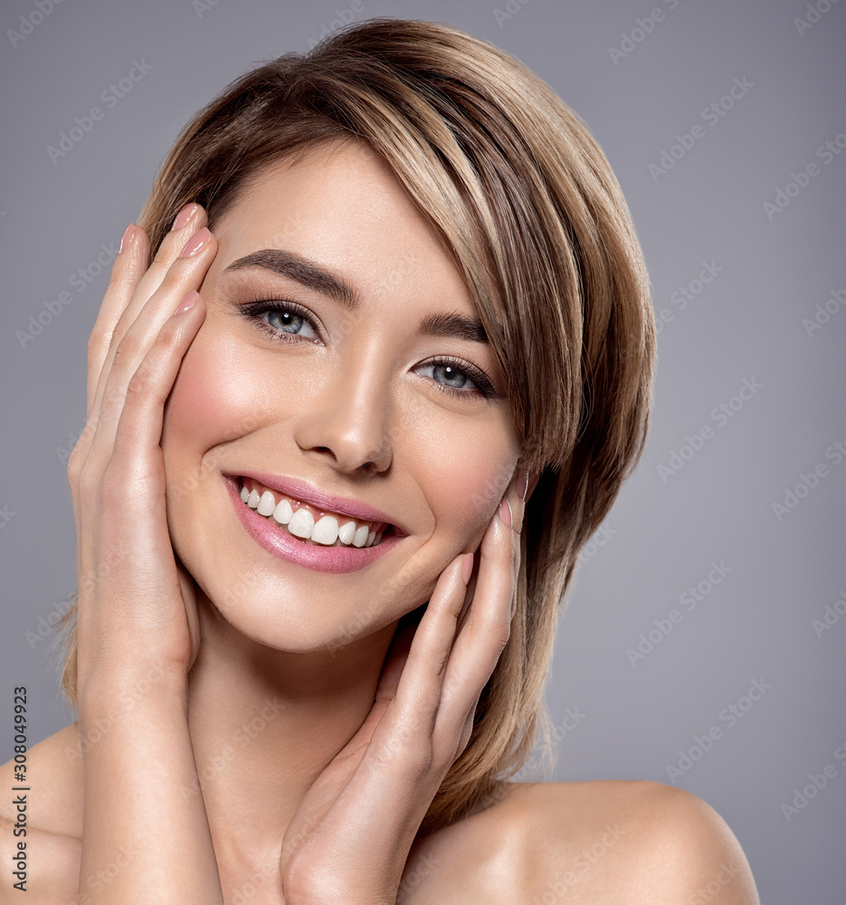 Front portrait of the woman with beauty face - isolated on white