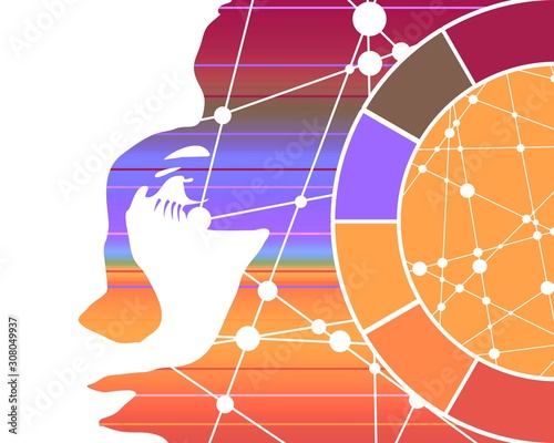 Face front view. Elegant silhouette of a female head. Portrait of a happy smiled woman. Gradient paint horizontal lines