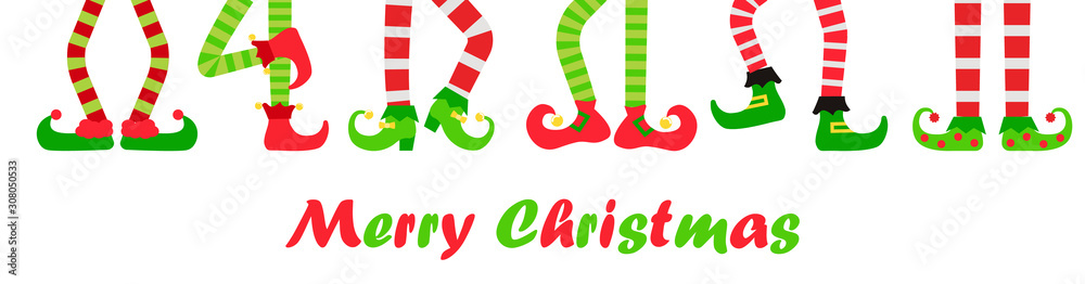 Εκτύπωση καμβά Merry Christmas background or banner with elf feet set, vector illustration