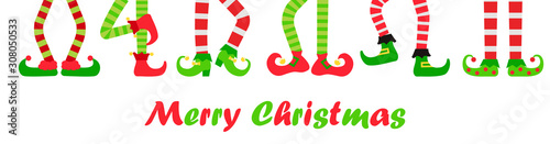 Merry Christmas background or banner with elf feet set, vector illustration. Collection of cute elves legs, boots. Santa helpers shoes and pants. Isolated on white background